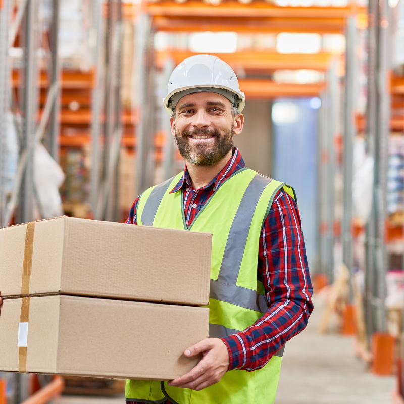 man carrying box in warehouse